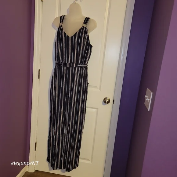 No Boundaries Navy and White Striped Jumpsuit Sx: XL (15-17) - Picture 1 of 8